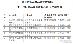 徐州藥監局將收回九里區樂康等5家藥店零售企業GSP證書